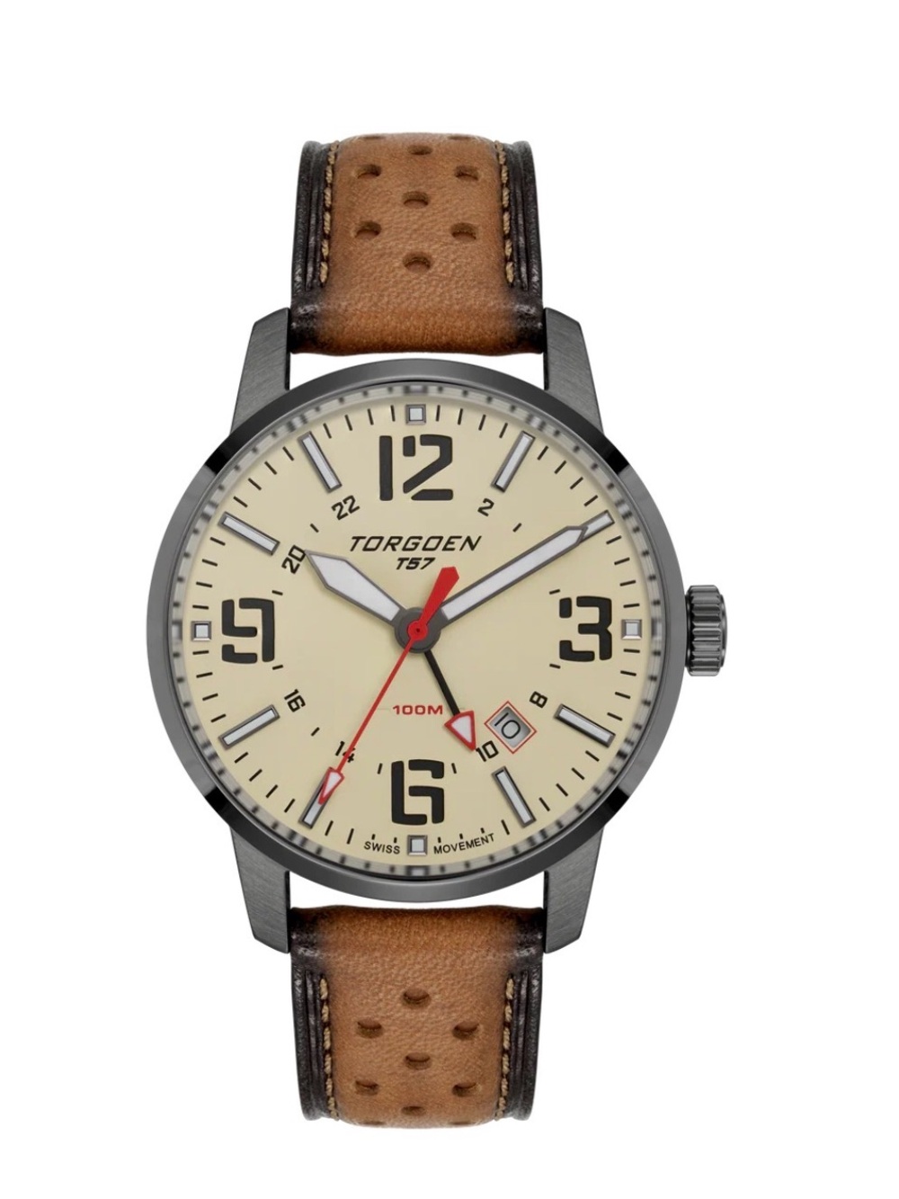 T57 Men's Cream Dial Brown Leather Pilot Watch